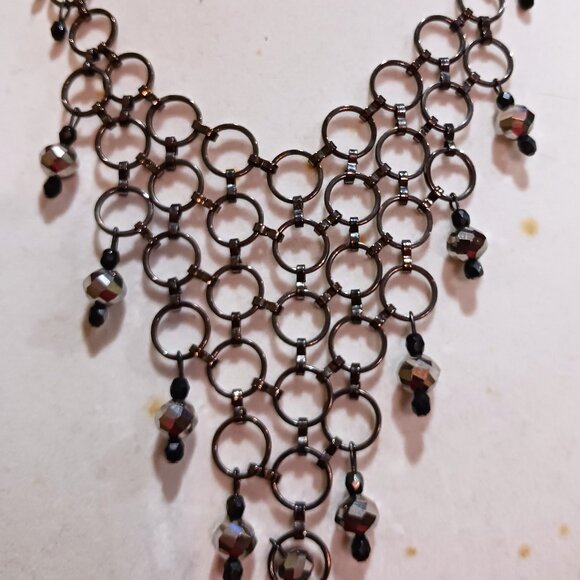 Handmade Gunmetal Rings Black Hematite Bead Bib Statement Necklace Tassel Fringe - Picture 6 of 12